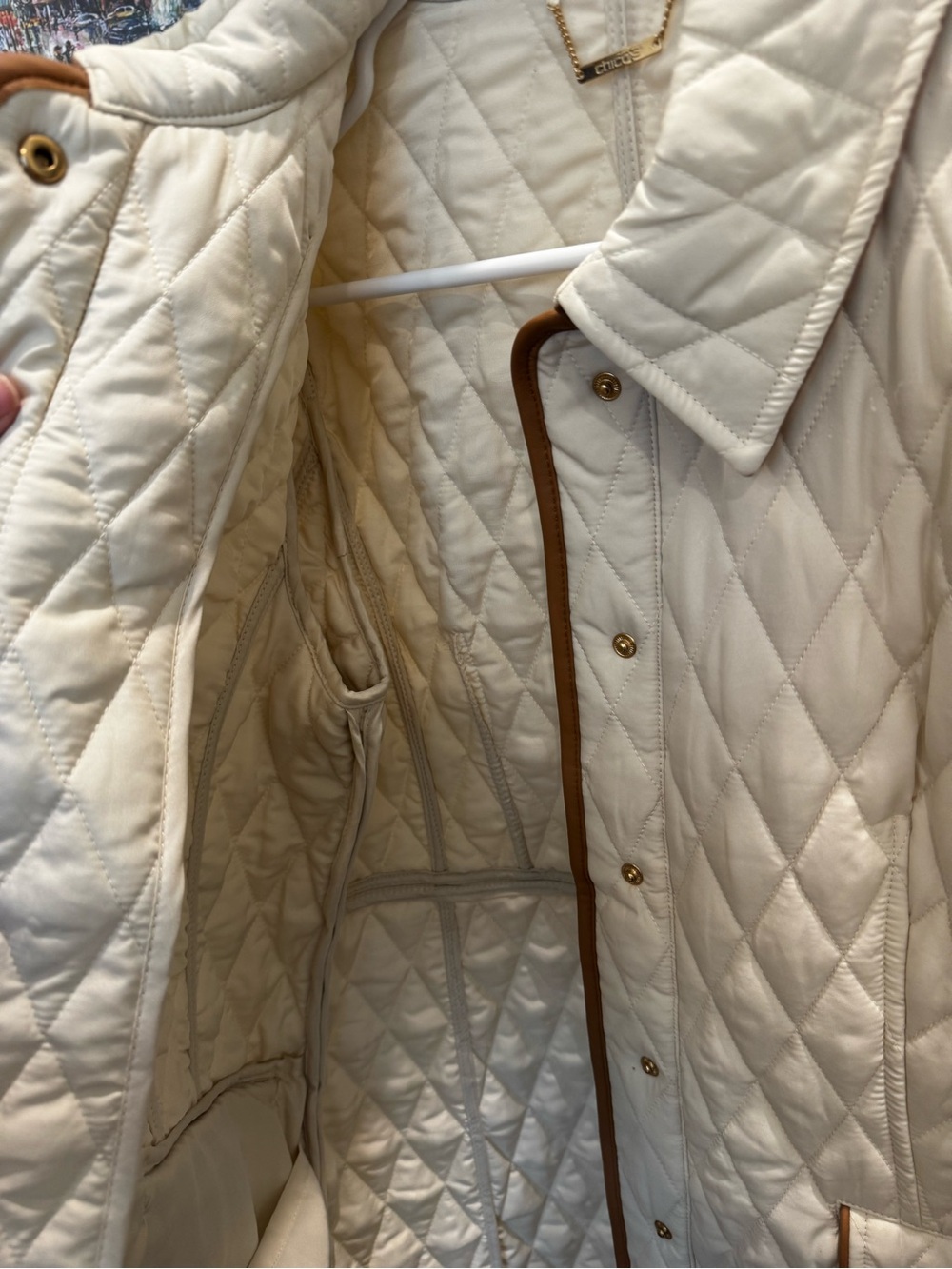 Chico's Cream Quilted Puffer Jacket with Brown Trim - Picture 6 of 8